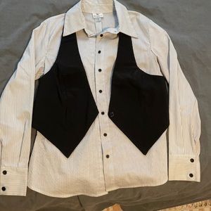 White and black stripped long sleeved dress shirt with vest.